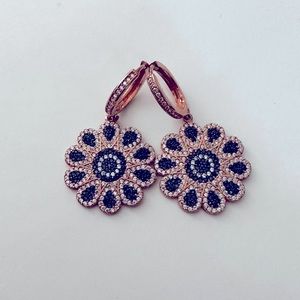 🌸925 Silver earrings sapphire flower 14k rose gold plated
